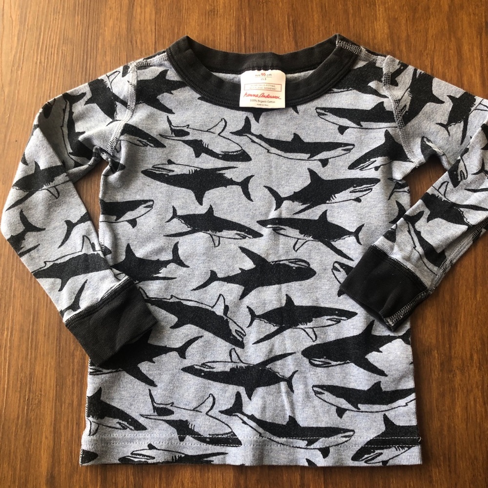 🦈 Hanna Andersson pajama pj top Boys 90cm sz 3 Long Sleeve Shirt Kids shark - Picture 2 of 8